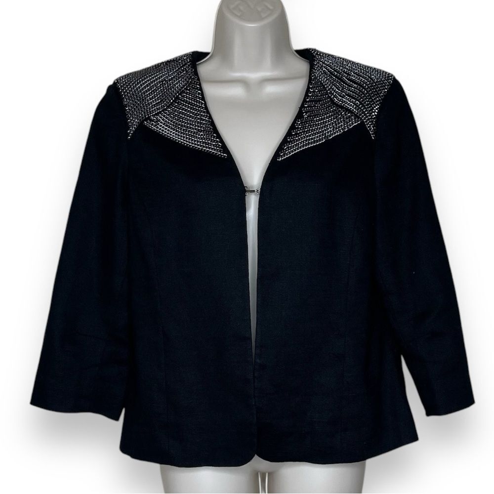 Chicos Metal Chain Shoulder Black Linen Jacket Women Size Medium Lightweight